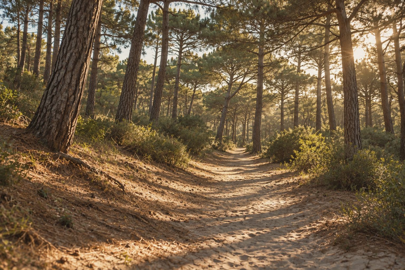 Imagen ilustrativa de un sendero de arena en el bosque de pinos de Pinamar